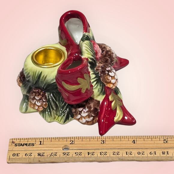 VTG Ceramic Christmas Wreath Candle Holders With Pinecones And Red Bow 3D - Picture 9 of 10
